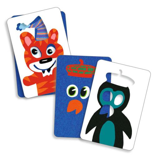 Cartões do jogo Magic Match da Djeco com ilustrações de animais e sobreposição de elementos visuais
