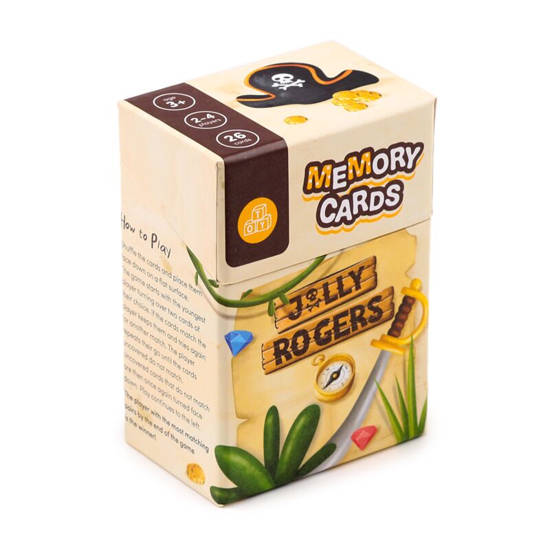 Caixa do jogo de cartas de memória Pirata Jolly Rogers, mostrando o título, o número de cartas e instruções.