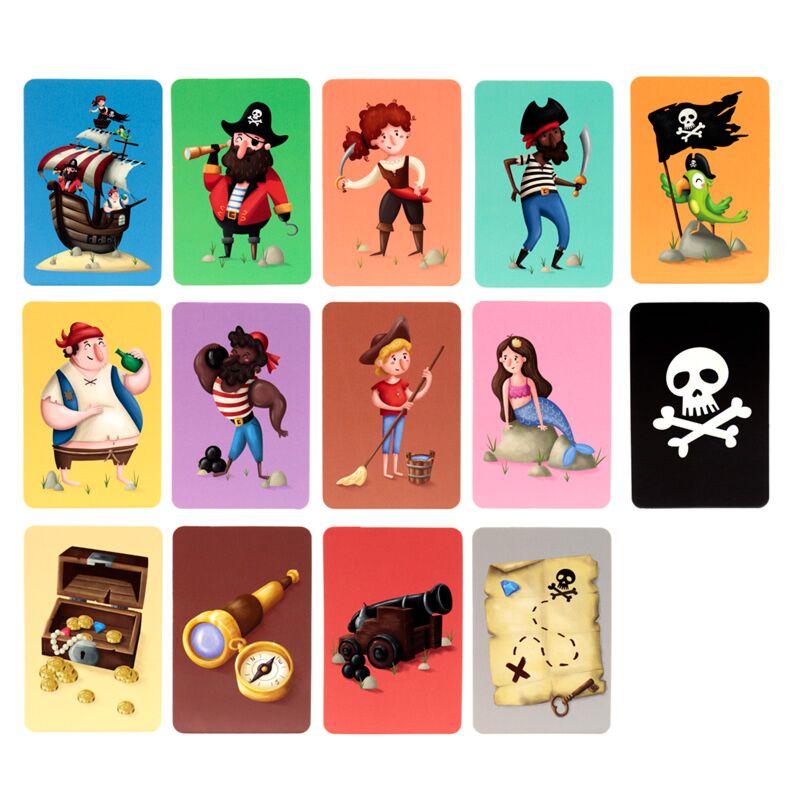 Conjunto completo das 26 cartas do jogo, mostrando as ilustrações coloridas de piratas e objetos.