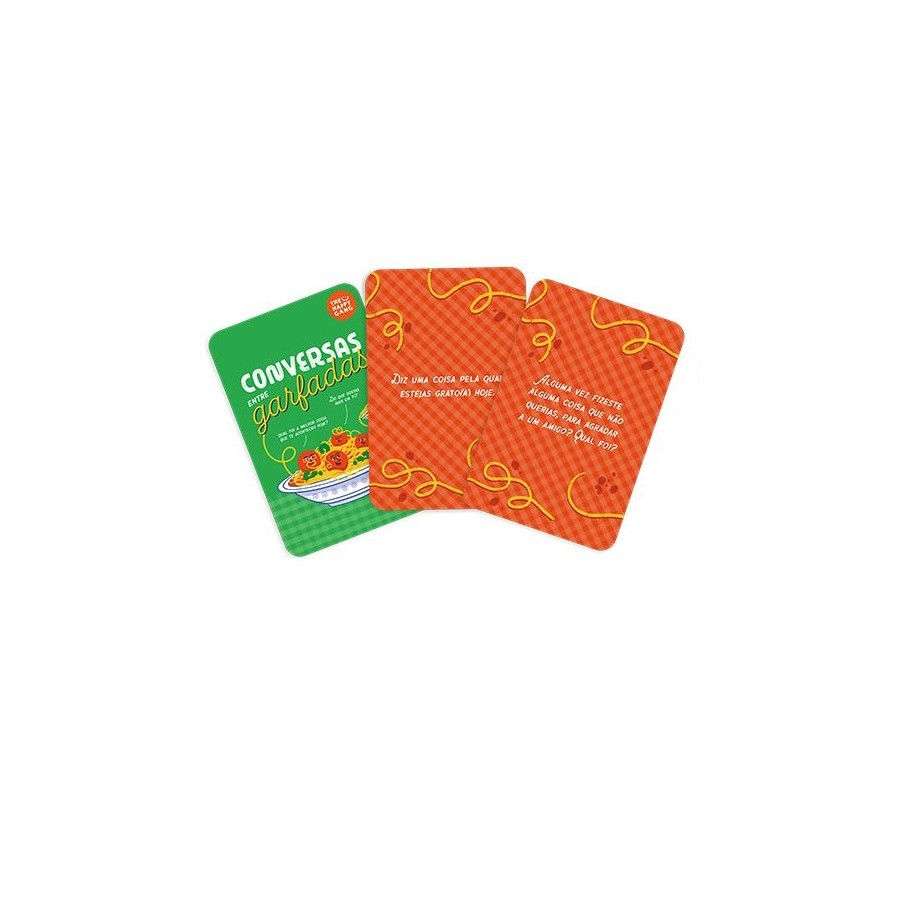Três cartas do jogo "Conversas Garfadas" da The Happy Gang, com um design em tons de verde e laranja, sobre um fundo branco.