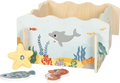 Jogo da Pesca small foot - Detalhe das peças coloridas, mostrando os peixinhos, estrelas do mar e outros animais marinhos.