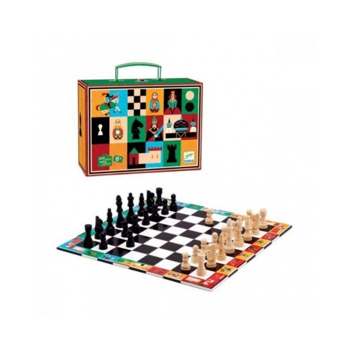 Djeco Jogo Mala de Xadrez aberto, mostrando o tabuleiro de xadrez/damas e as peças de madeira dispostas para jogar.