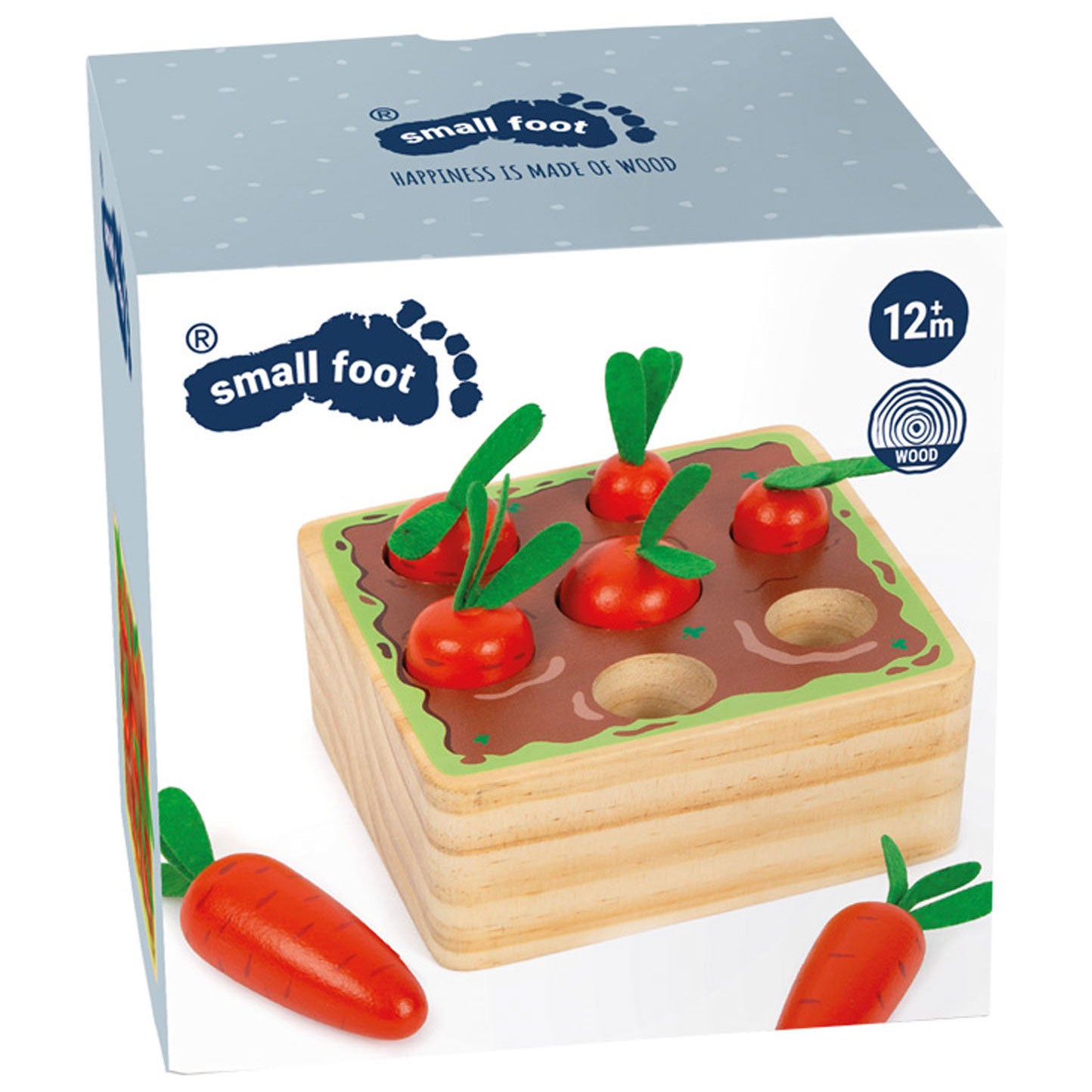 Caixa do jogo de formas em madeira Small Foot com cenouras, mostrando o produto e as suas dimensões.  Ideal para bebés a partir dos 12 meses.