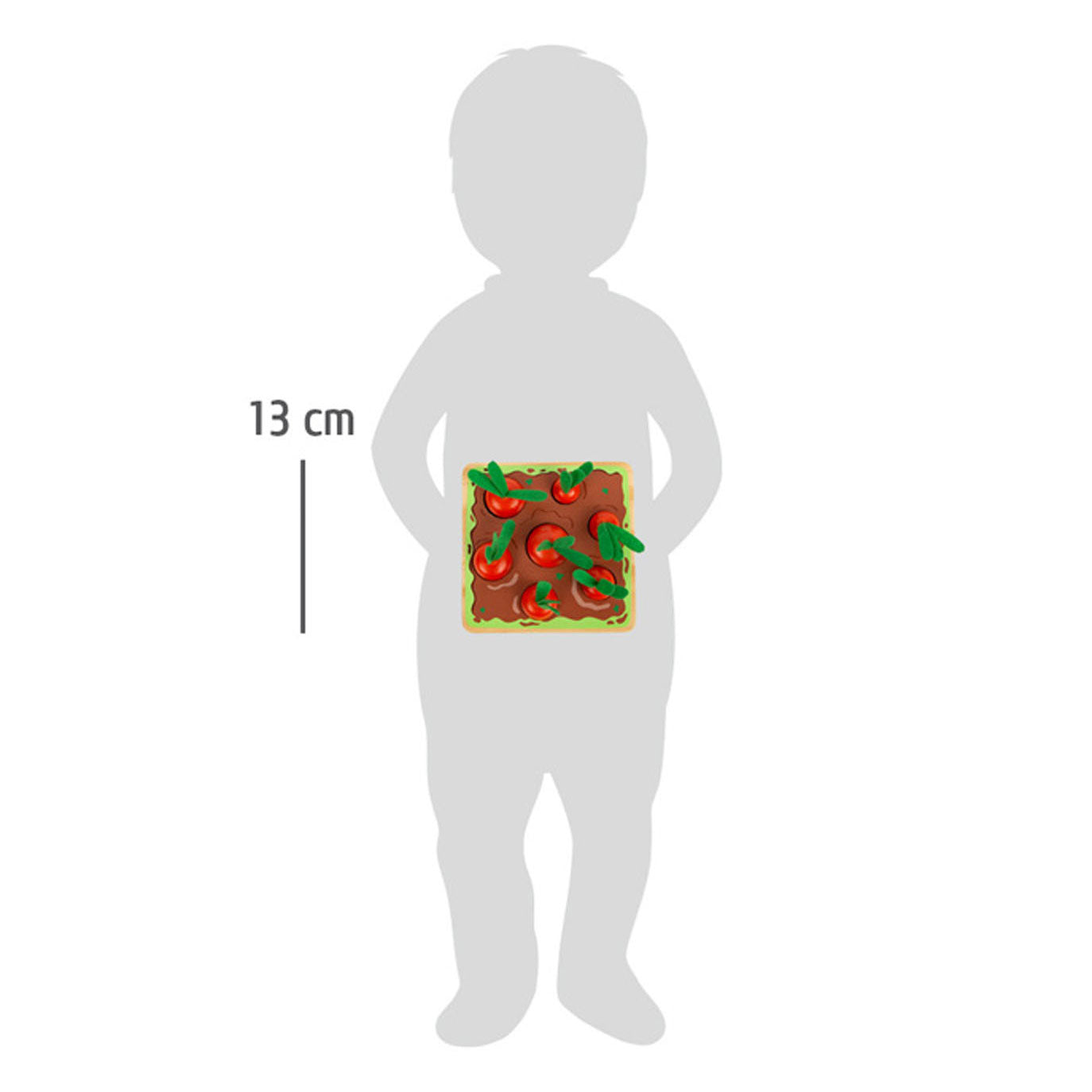 Ilustração mostrando as dimensões do jogo de formas em madeira Small Foot em relação a uma criança pequena.