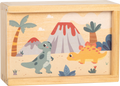 Caixa de madeira do jogo de memória Small Foot com ilustração de dinossauros e vulcão.