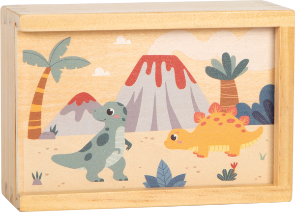 Caixa de madeira do jogo de memória Small Foot com ilustração de dinossauros e vulcão.