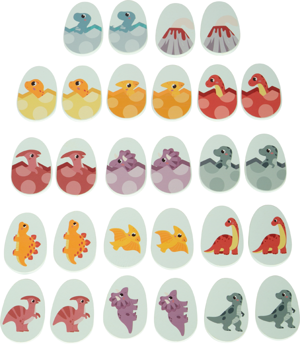 Todas as peças do jogo de memória Small Foot organizadas em pares, mostrando os diferentes tipos de dinossauros.