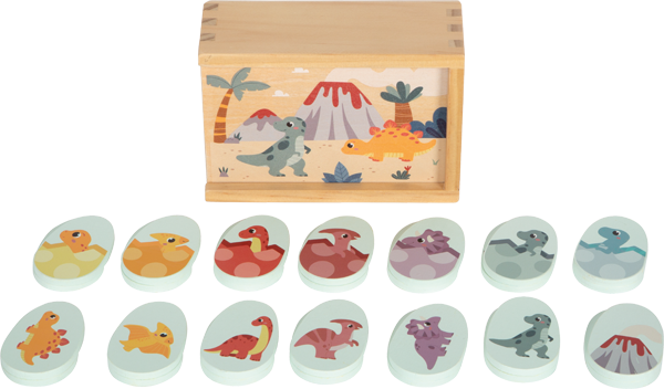 Todas as peças do jogo de memória Small Foot alinhadas, mostrando os diferentes tipos de dinossauros.
