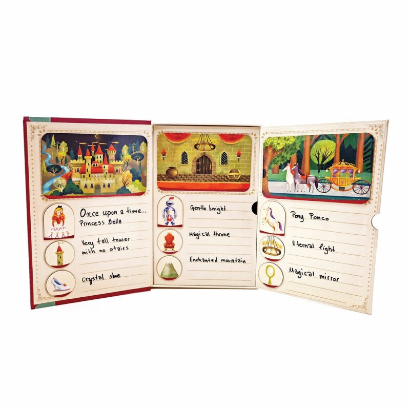 O jogo "SvooryTales" aberto, exibindo as três secções com exemplos de personagens, locais e objetos magnéticos colocados e texto escrito à mão.
