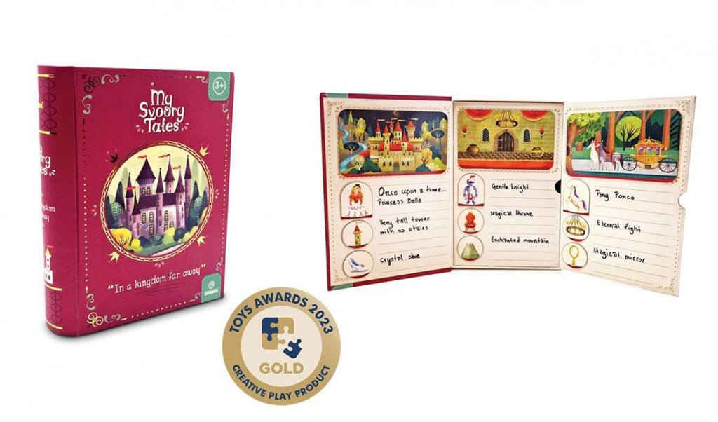 Caixa do jogo "My Svoory Tales" com o selo de "Toys Awards 2023 Gold" em destaque, ao lado de uma imagem do jogo aberto com um exemplo de história.