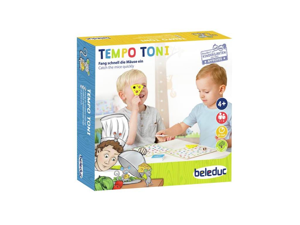 Jogo de tabuleiro Acelera Tony da Beleduc com ilustrações coloridas de um chef e ratinhos na cozinha.