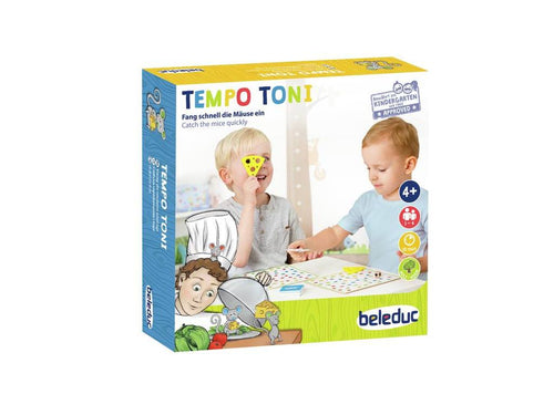 Jogo de tabuleiro Acelera Tony da Beleduc com ilustrações coloridas de um chef e ratinhos na cozinha.