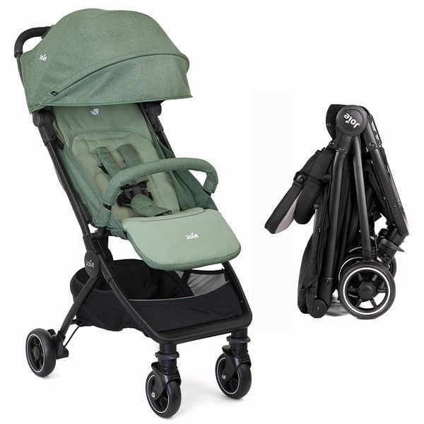 O carrinho Joie Pact com o assento totalmente reclinado, ideal para recém-nascidos, com apoio de pernas levantado.