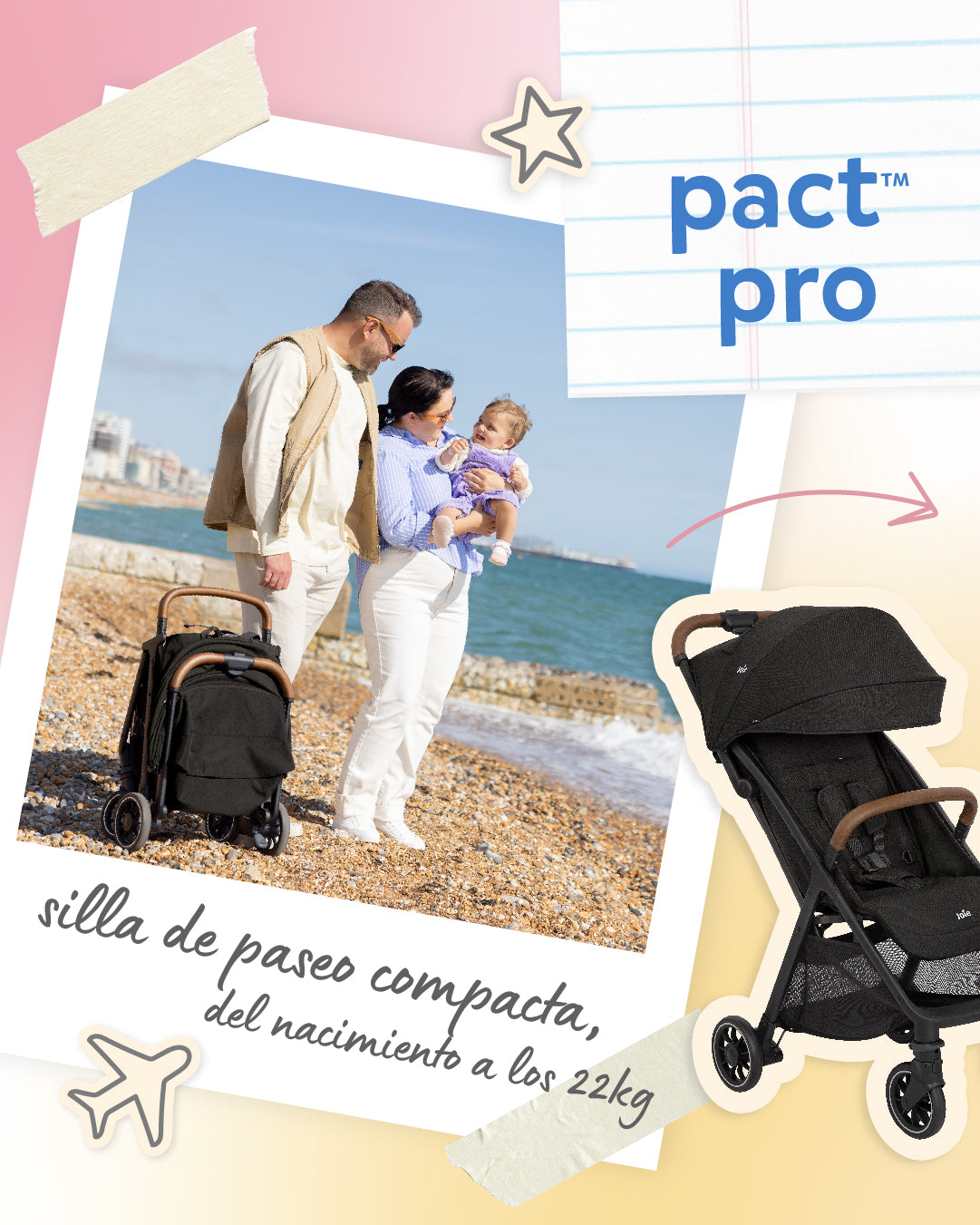 Detalhe da capota extensível do carrinho Joie Pact PRO com proteção solar UPF50+ e janela de visualização.