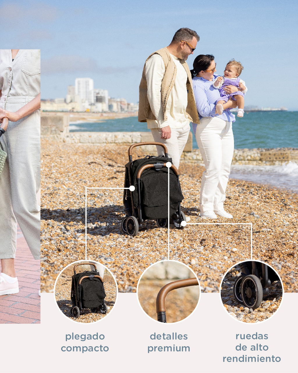 Joie Pact PRO dobrado, ultracompacto, pronto para viajar, com alça de transporte visível.