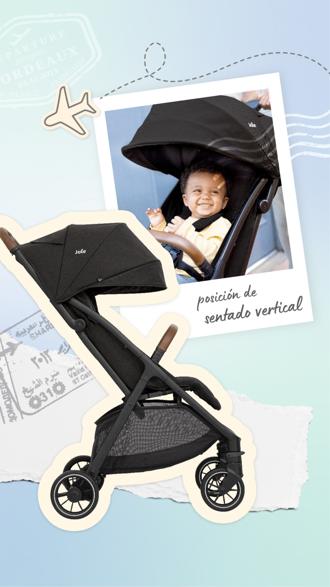 Carrinho Joie Pact PRO aberto, mostrando a reclinação total do assento, ideal para recém-nascidos.