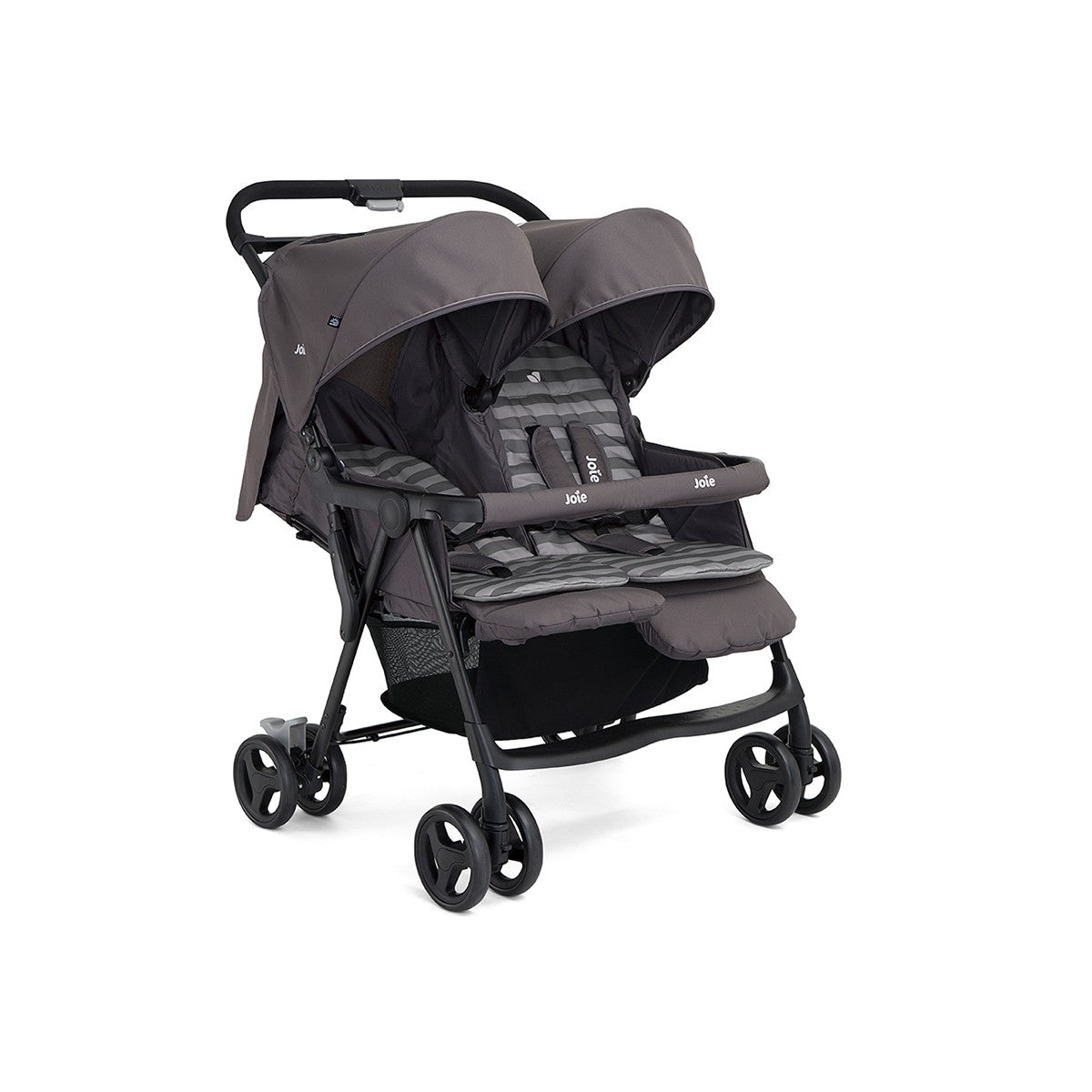 Joie Aire™ twin, carrinho de passeio gémeos ultraleve em cinzento, aberto e pronto a usar, com assentos reclinados.