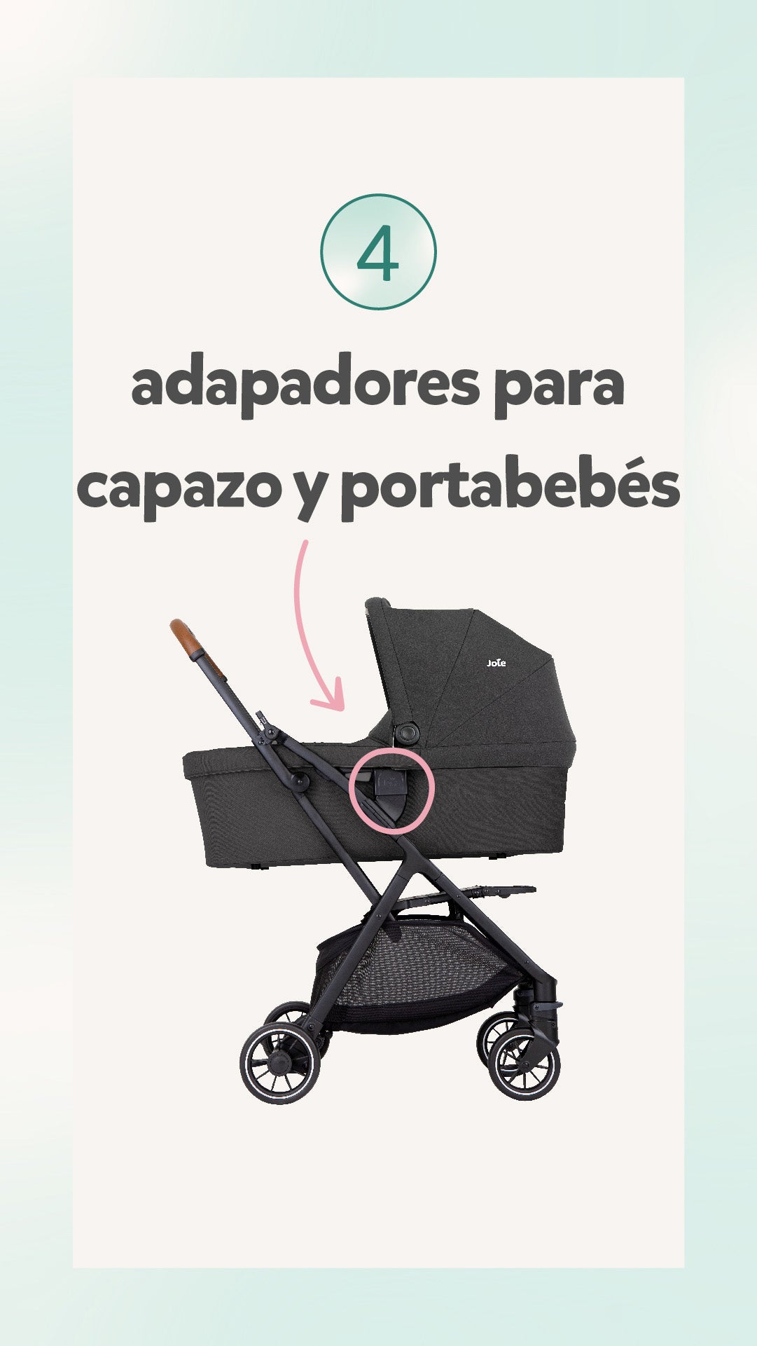 Joie Pact PRO dobrado, inserido no saco de viagem incluído, pronto para ser transportado.