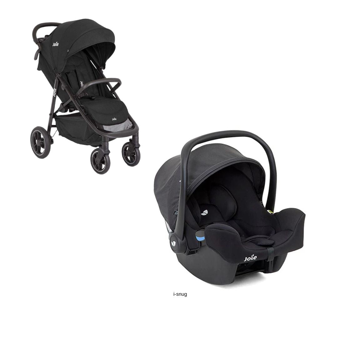 Conjunto DUO Joie Litetrax Pro (carrinho preto) com a cadeira auto ovo Joie i-Snug preta, mostrando a compatibilidade do sistema de viagem.