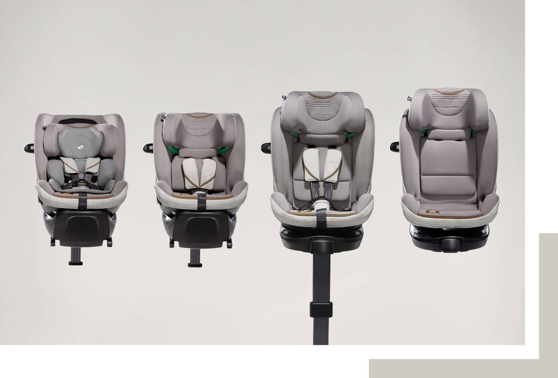 Quatro vistas da cadeira auto Joie i-Spin XL Signature, mostrando as configurações para diferentes idades, desde recém-nascido (40cm) até criança mais velha (150cm).