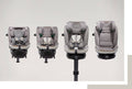Quatro vistas da cadeira auto Joie i-Spin XL Signature, mostrando as configurações para diferentes idades, desde recém-nascido (40cm) até criança mais velha (150cm).