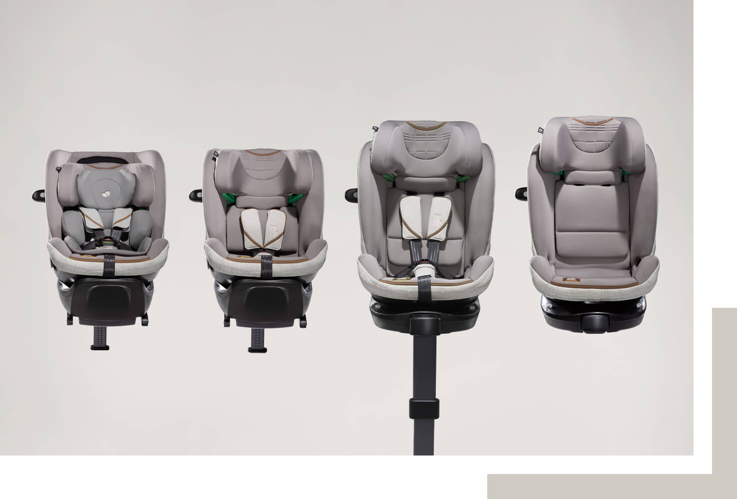 Quatro vistas da cadeira auto Joie i-Spin XL Signature, mostrando as configurações para diferentes idades, desde recém-nascido (40cm) até criança mais velha (150cm).