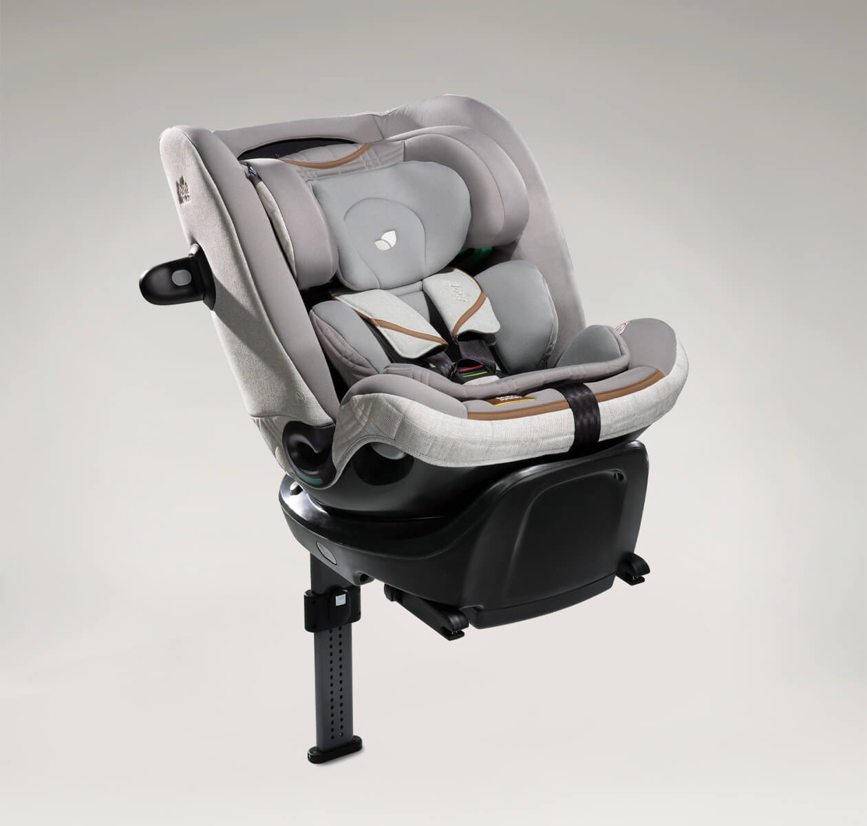 Cadeira auto Joie i-Spin XL Signature em posição contra marcha (rear-facing) com base ISOFIX e perna de apoio, vista lateral.