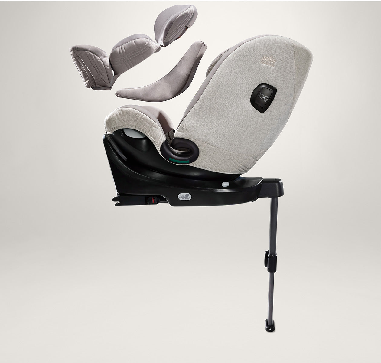 Vista explodida da cadeira auto Joie i-Spin XL Signature, mostrando os redutores para recém-nascido e a estrutura da cadeira.