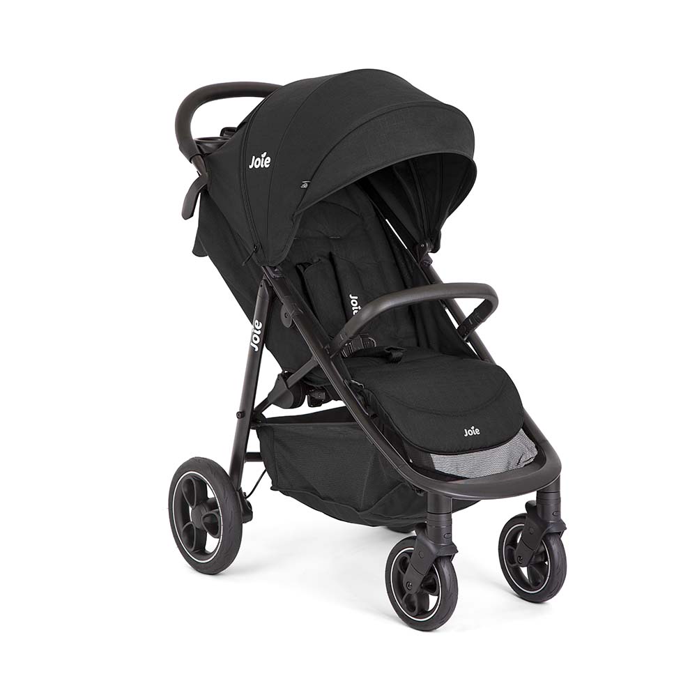Carrinho de passeio Joie Litetrax Pro em preto, com assento virado para a frente, capota grande e barra de segurança frontal.