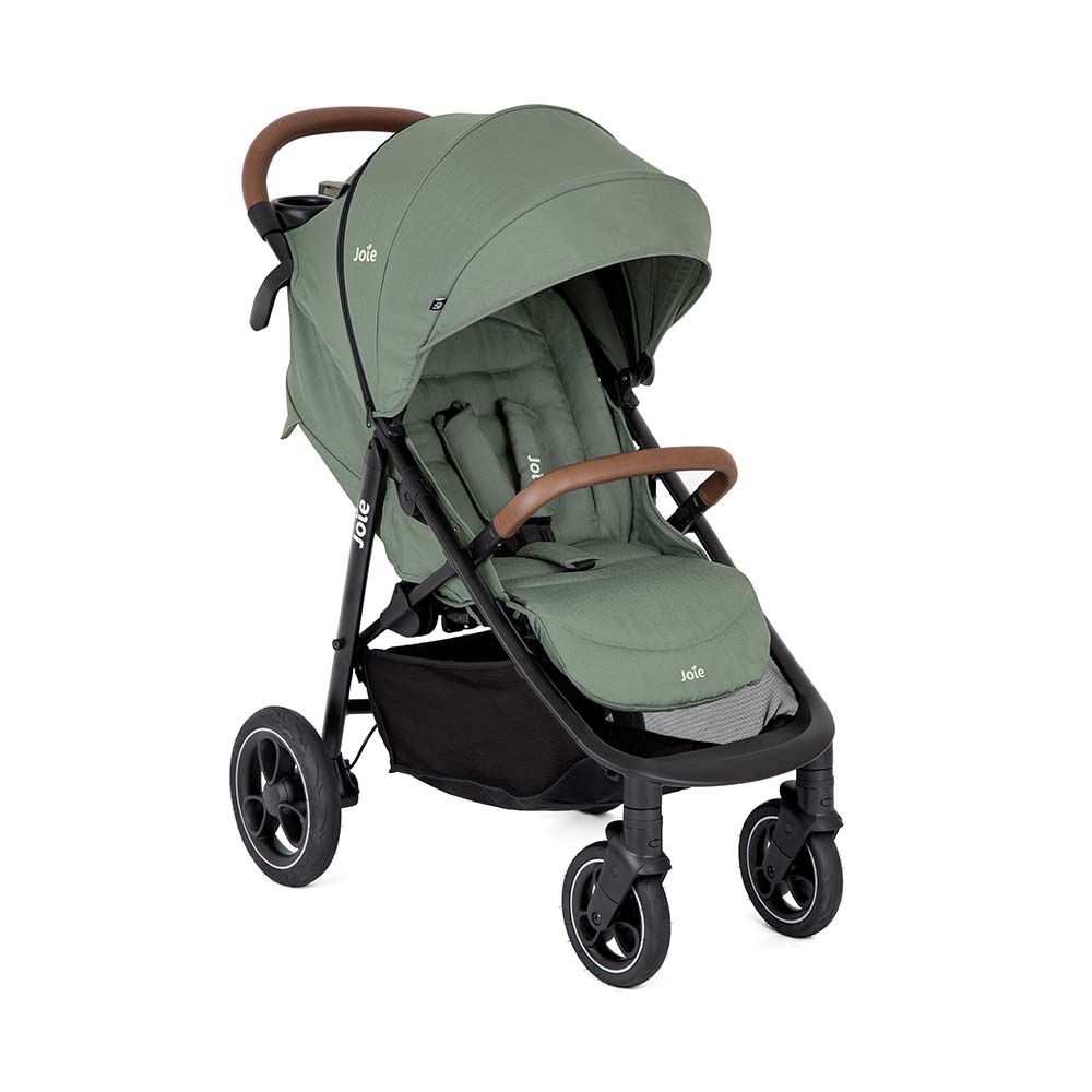 Carrinho de passeio Joie Litetrax Pro em verde-azeitona, visto de frente/lateral, com guiador e barra de proteção em pele sintética castanha.