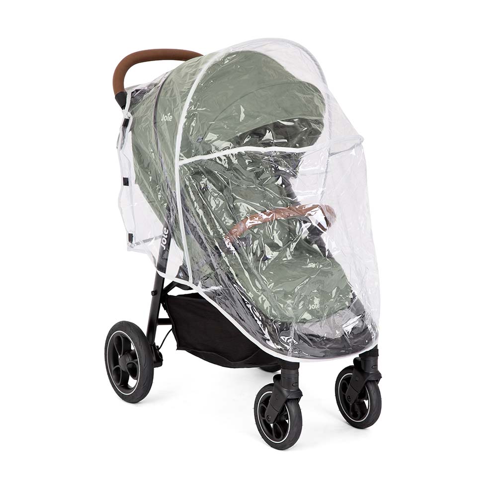 Carrinho de passeio Joie Litetrax Pro verde com capa de chuva transparente instalada, pronto para uso em tempo húmido.