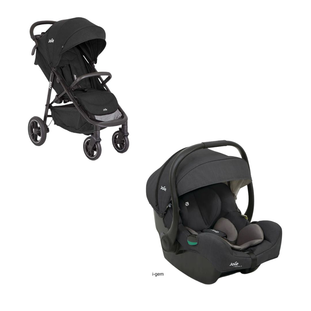 Carrinho Joie Litetrax PRO com a cadeira auto ovo i-Gemm 3, mostrando a compatibilidade do sistema Duo.