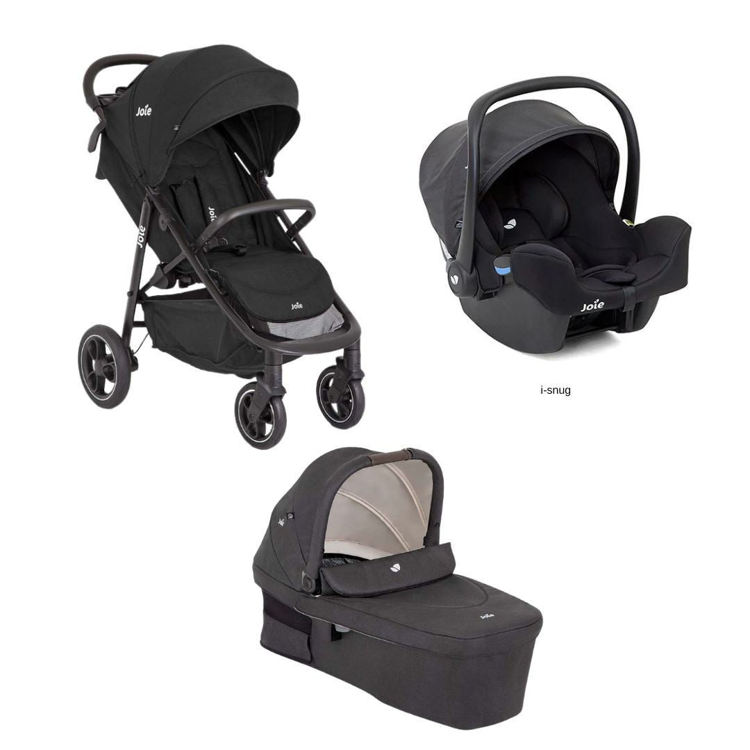 Conjunto Joie Litetrax PRO Trio: carrinho de passeio, alcofa Ramble e ovo i-Snug em preto, sobre fundo branco.