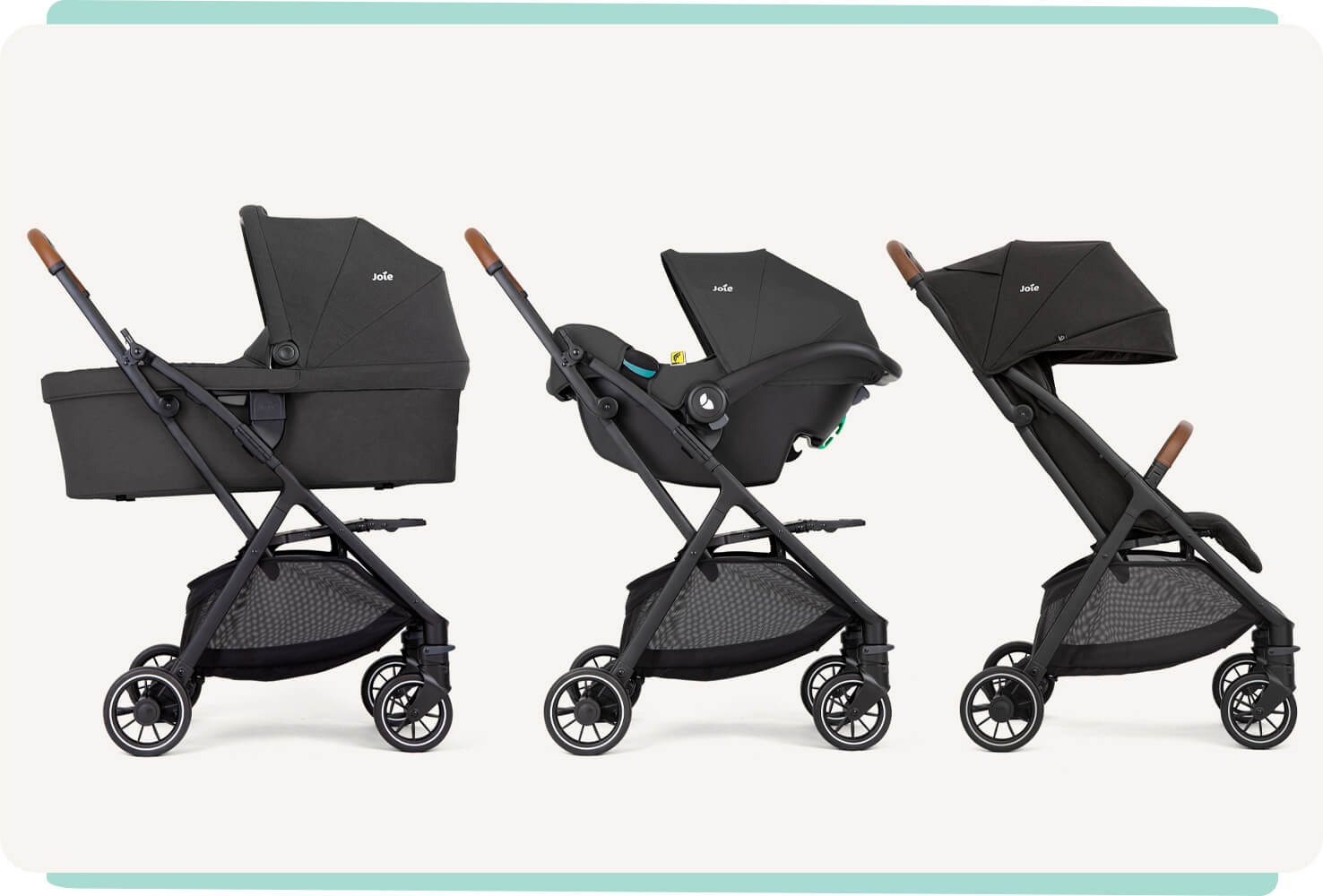 Três configurações do carrinho Joie Pact PRO lado a lado: com alcofa, com cadeira auto (ovo) e com assento de passeio.