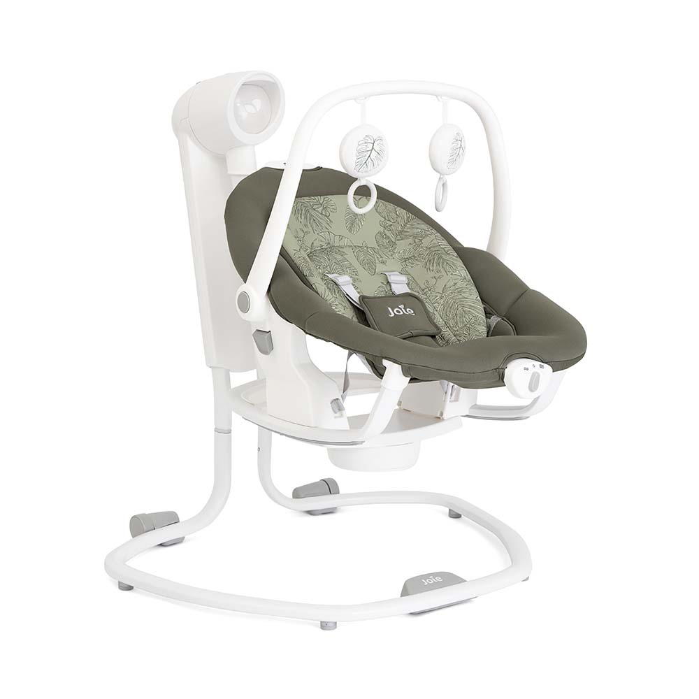 Espreguiçadeira e balanço Joie Serina 2in1 na cor verde com padrão de folhas, vista frontal.