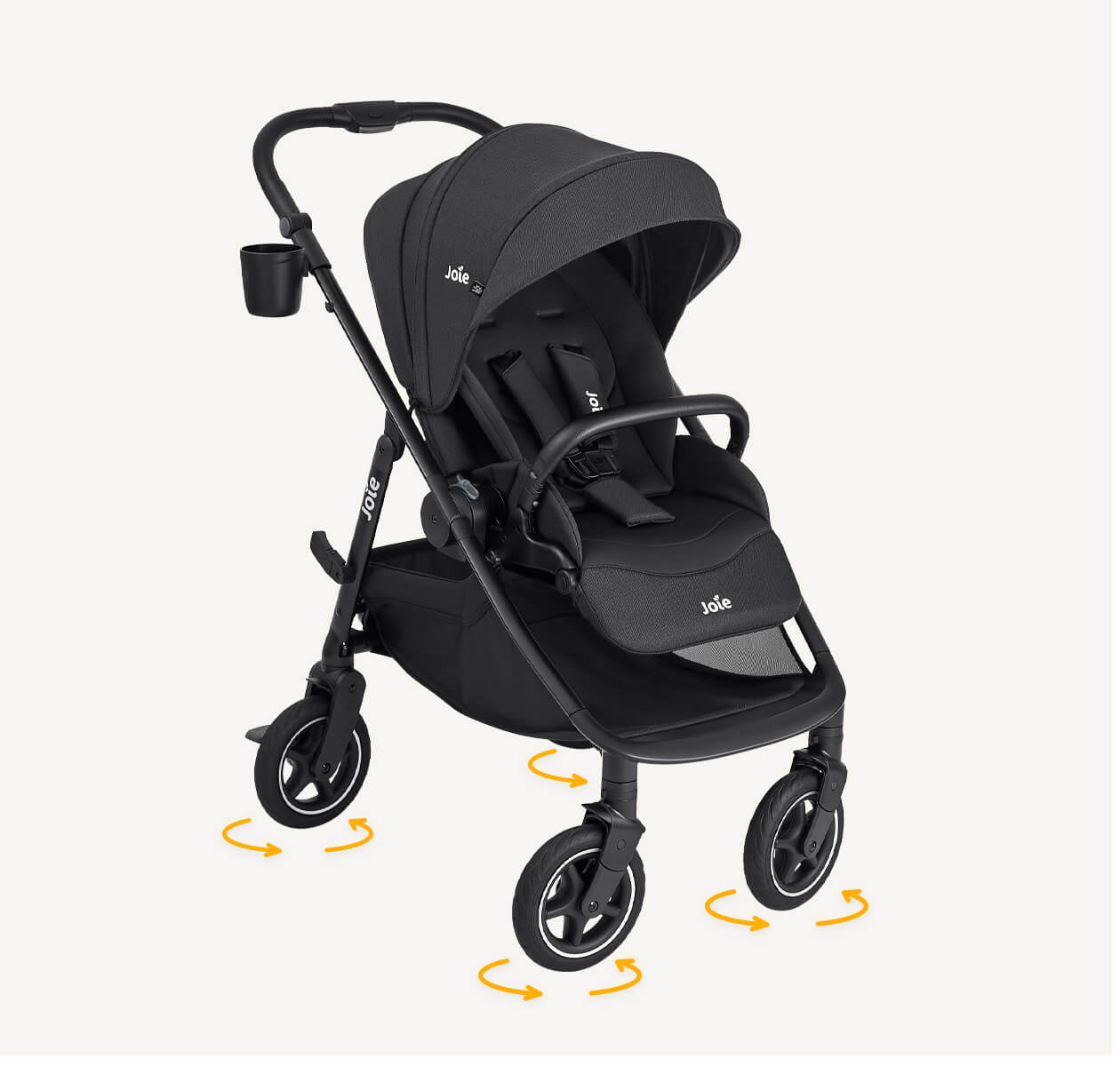Carrinho de passeio Joie Versadrift Raven com sistema de rodas 360 graus e alcofa