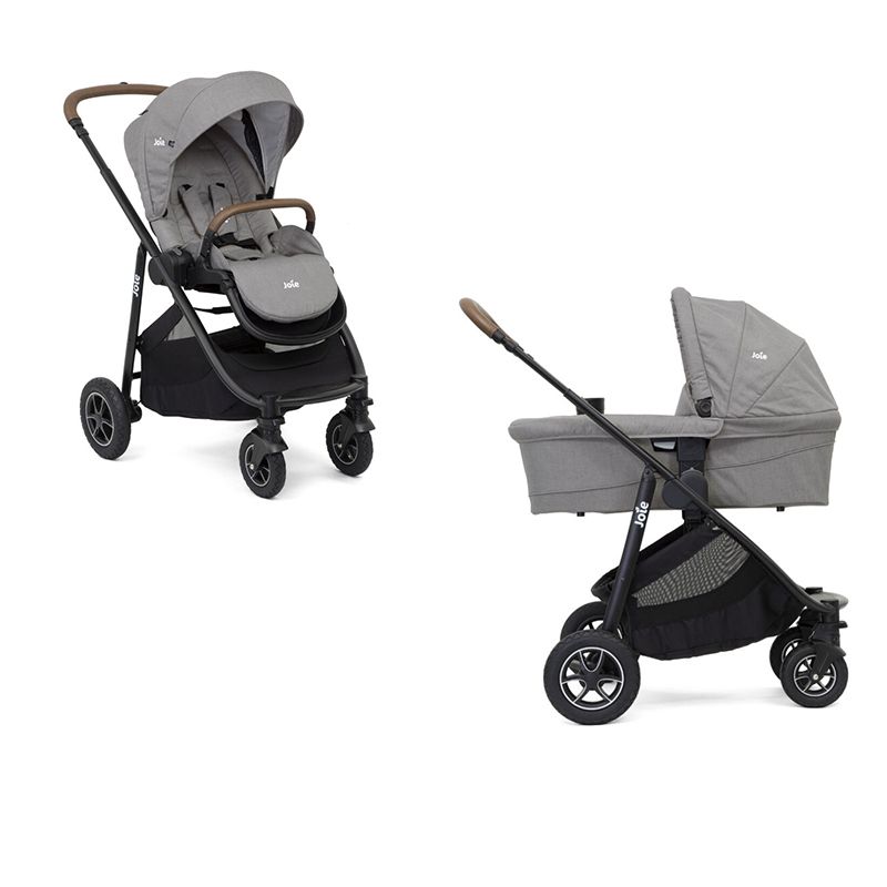 Joie Versatrax DUO em verde azeitona, carrinho de passeio com assento reversível e alcofa Ramble.