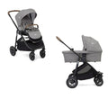 Joie Versatrax DUO em cinza, carrinho de passeio com assento reversível e alcofa Ramble.