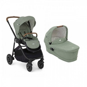 Joie Versatrax DUO em verde azeitona, carrinho de passeio com assento reversível e alcofa Ramble.
