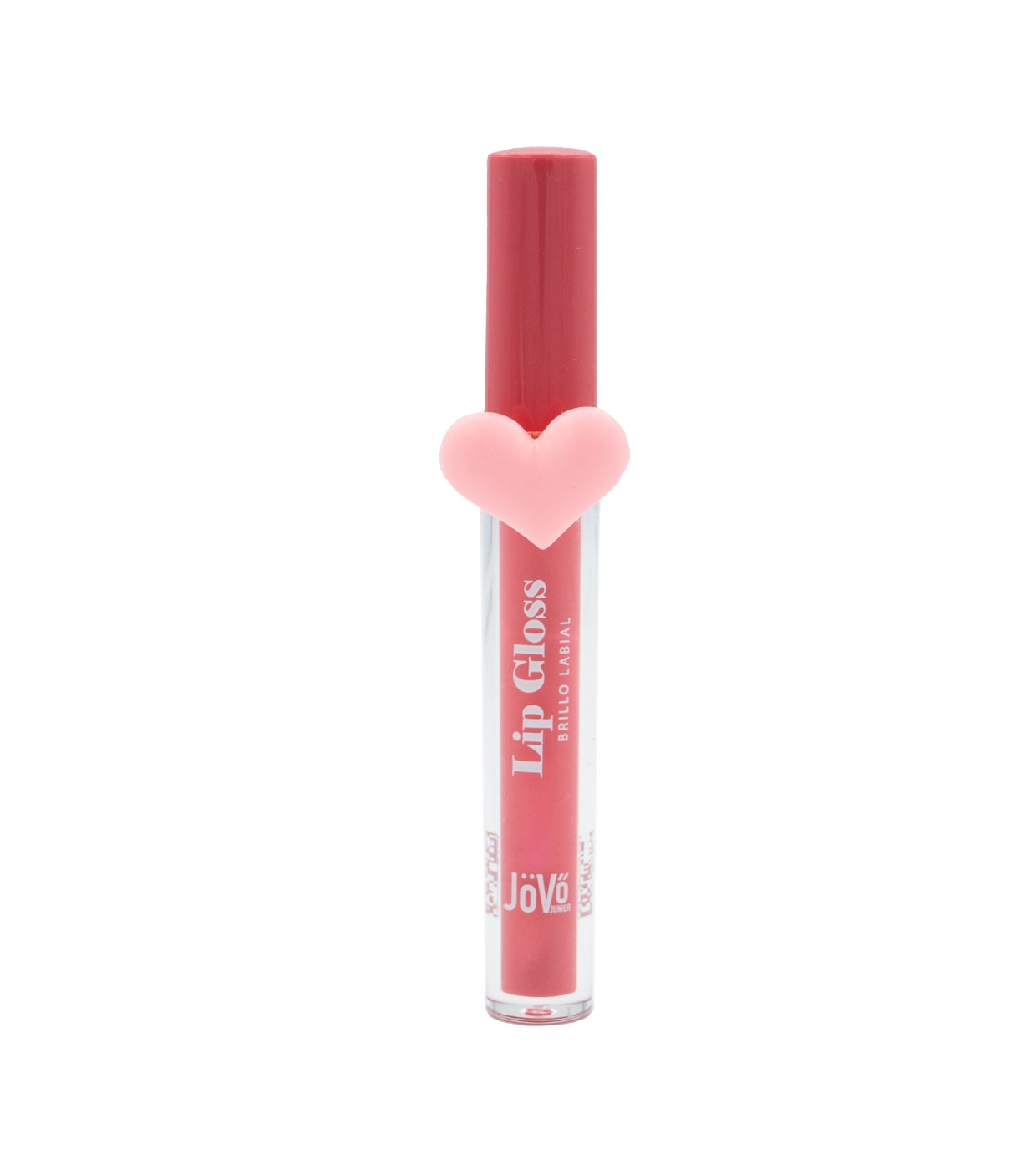 Lip Gloss Sweet de cor vermelha, embalagem fechada com um anel cor-de-rosa em forma de coração decorativo, sobre fundo branco.