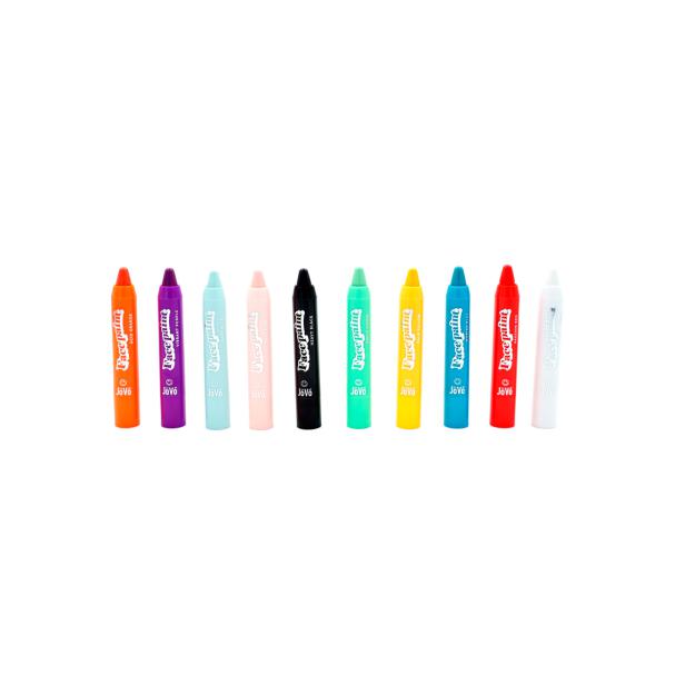 Linha completa de 10 lápis de pintura facial JOVO, lado a lado, exibindo todas as cores disponíveis, incluindo branco e preto.