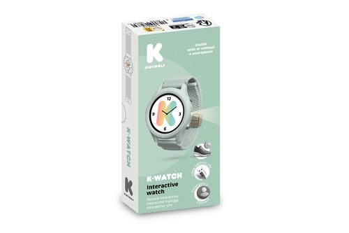 Caixa de embalagem do relógio KidyWolf K-Watch Interactive Watch, cor verde menta, exibindo o produto e as suas principais características.
