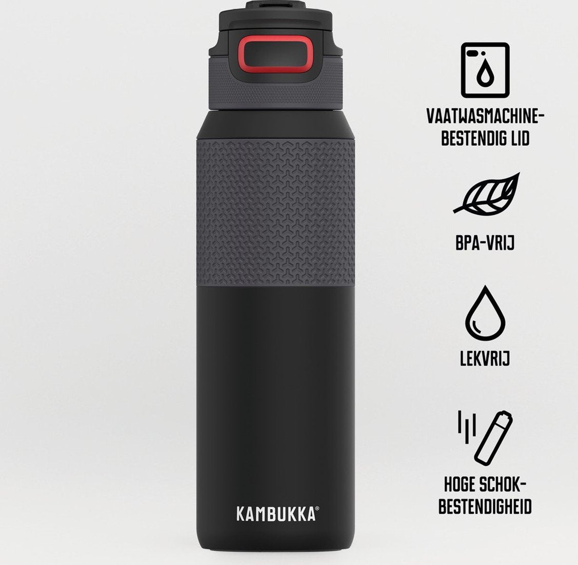 Garrafa térmica Kambukka ELTON Nightfall 750ml com ícones de características em holandês: tampa lavável na máquina, BPA-free, à prova de fugas e alta resistência ao choque.