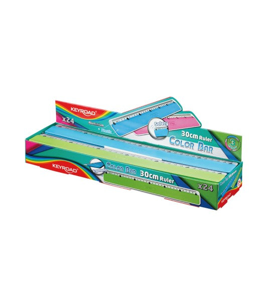Embalagem de venda a retalho de 24 réguas KEYROAD Color Bar de 30cm, em plástico e alumínio, com cores variadas e destaque para a segurança do produto.
