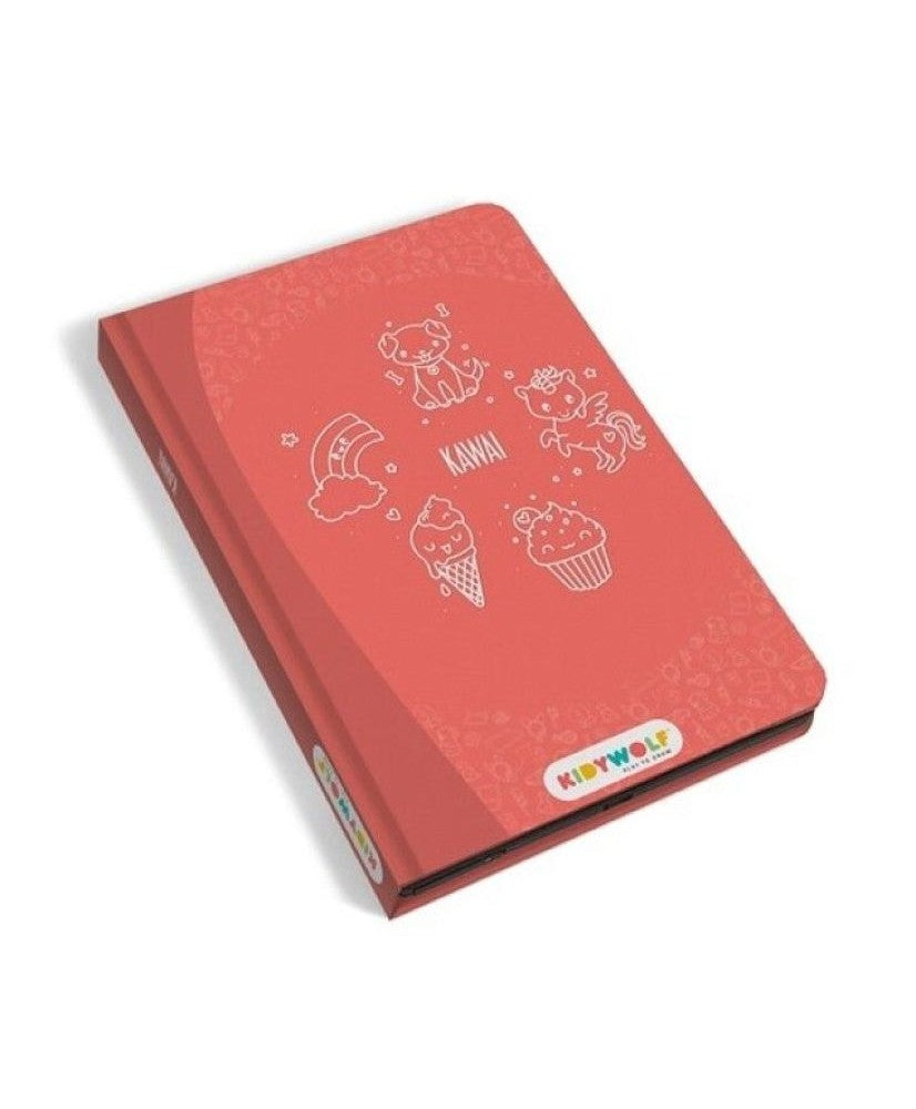 Capa exterior do tablet de desenho KidyWolf Kawai, fechado como um livro cor-de-rosa com ilustrações de um cão, unicórnio e cupcake.