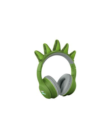 Vista frontal dos headphones KidyWolf KIDYEARS com as orelhas de dinossauro magnéticas encaixadas, prontos para usar.