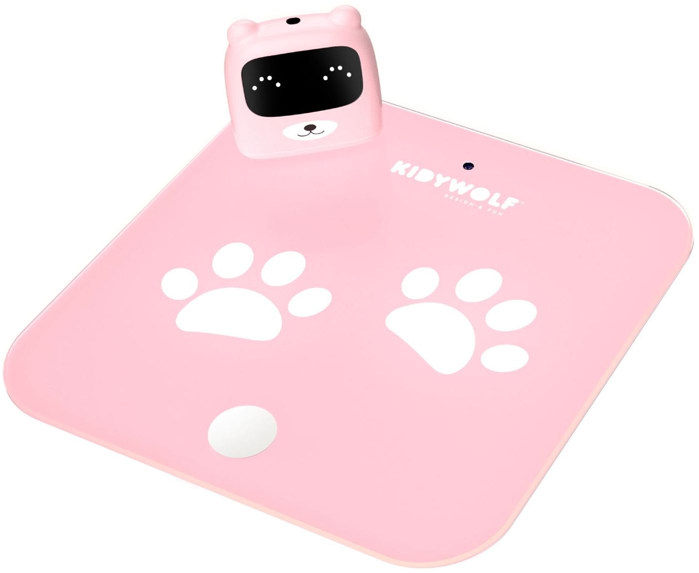 Balança digital infantil KidyWolf rosa com base em forma de patas e ecrã de urso destacável.