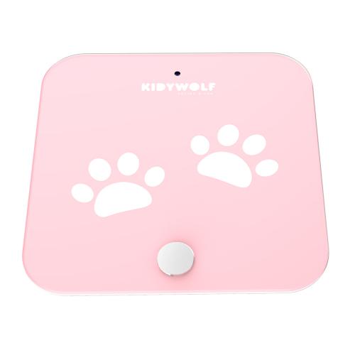 Balança KidyWolf rosa com pegadas brancas, vista superior, sem o recetor de altura.