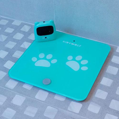 Balança KidyWolf verde-água com o recetor em forma de urso ligado, colocada no chão de casa de banho.