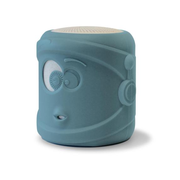 Detalhe da KidyWolf Coluna de Som Bluetooth azul, destacando o design com rosto e os controlos laterais intuitivos.
